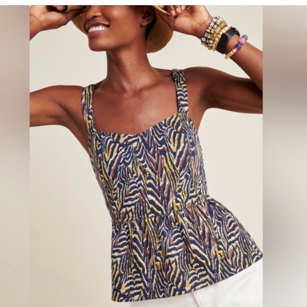 Anthropologie Jamie peplum Tank Navy, Mustard & Cream Zebra-Print Size L